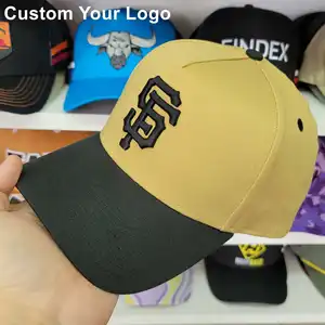 Customize 3D Embroidery Embroidered Two Tone Snap Back Crown Cap Brown Baseball Hat With Logo, Mens 5 Panel A Frame Baseball Cap