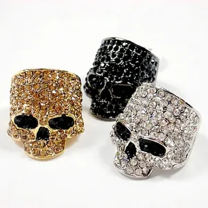 Cincin jari tulang kepala besar Punk Rock grosir cincin paduan tengkorak kristal berlian imitasi perak emas perhiasan Hiphop hitam