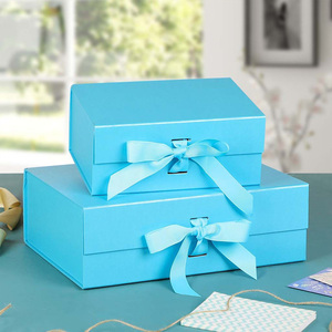<strong>Custom</strong> Logo Rigid <strong>Cardboard</strong> Packaging Magnetic Lid Closure Blue Paper Gift <strong>Box</strong> With Ribbon - Product Image 1