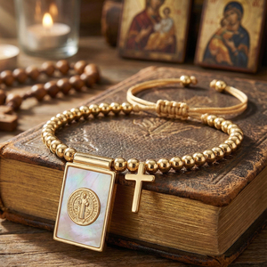 Go2boho - Productos Cristianos, Pulsera <span class=keywords><strong>de</strong></span> San Benito, Colgante <span class=keywords><strong>de</strong></span> Concha <span class=keywords><strong>de</strong></span> Nácar, Cruz, Amuleto, Joyería Chapada en Oro - Product Image 1