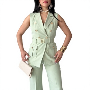 Women's Mint Green Sleeveless <b>Blazer</b> Vest With Belt And Wide Leg Trousers Elegant 2 Piece Suit <b>Set</b> Solid Color Satin Fabric - Product Image 1