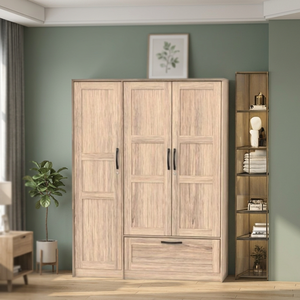 FURNIZONE Modern Space-Saving Wooden Panel 3-Door Wardrobe Closet 5 Shelf&1 Drawer <b>Slim</b> Floor Mount Storage <b>Cabinet</b> Bedroom - Product Image 3