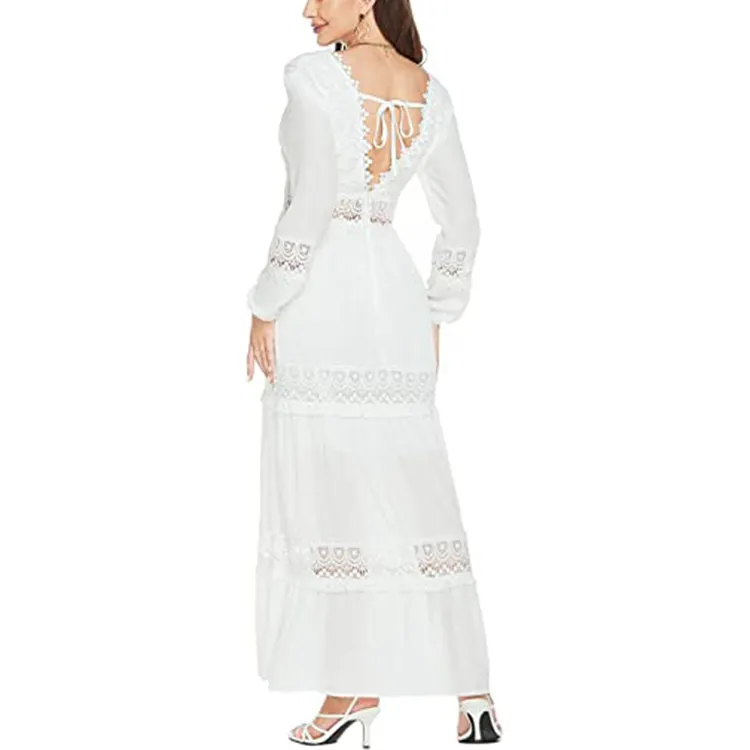 Custom Long sleeve elegant women Lace Open-back Slim Boho White Lady Maxi Dress