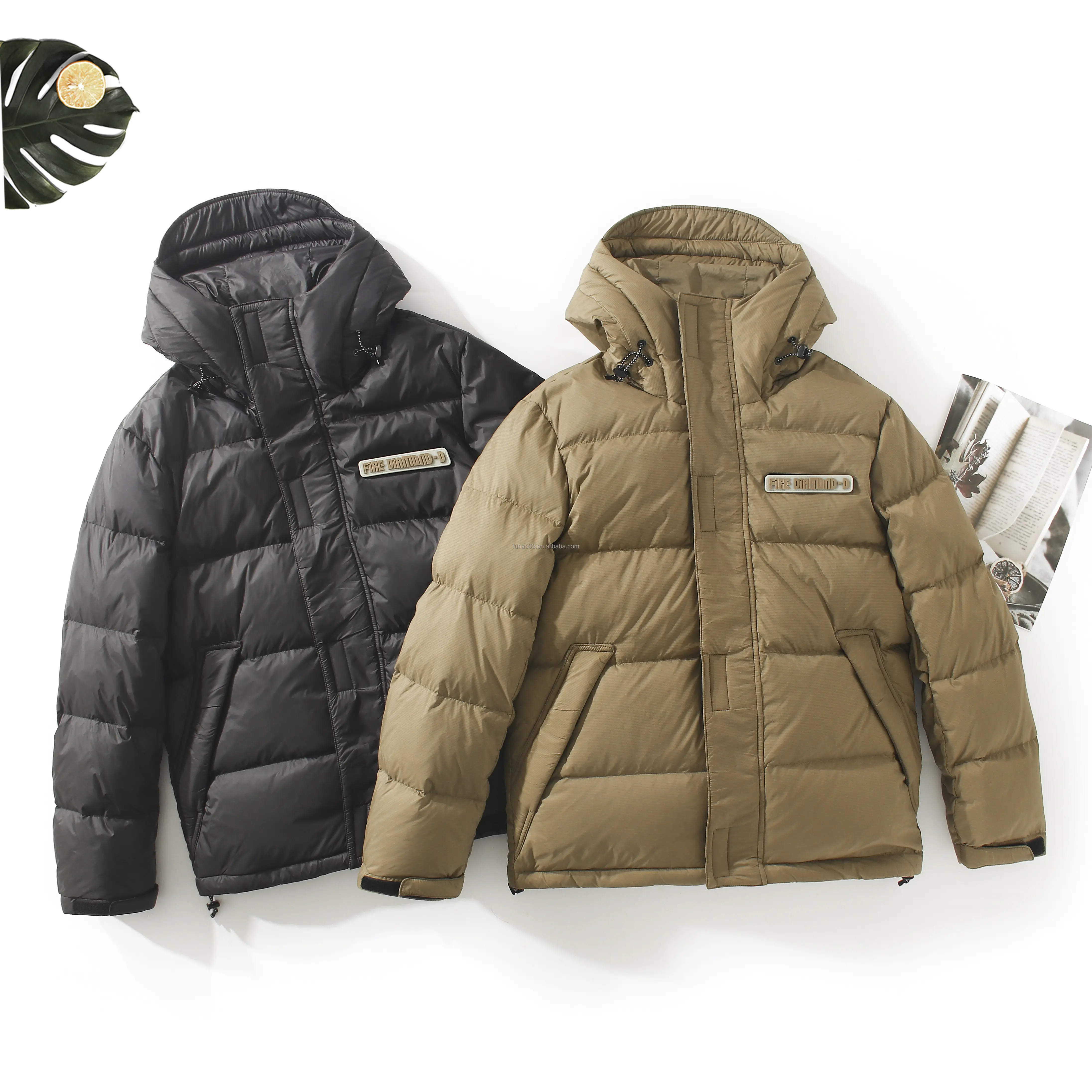 Chaqueta de plumón de pato personalizada para hombre, chaqueta cálida de invierno de tela acolchada con capucha negra