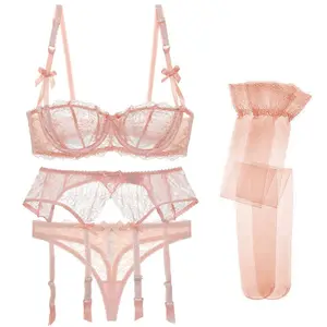 Half cup Sexy Lace 4 Pieces Bra Set Women's Bra + Panties + Garter + silk stockings