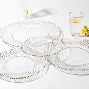Toptan altın jant kenar boncuk suplalar düğün yemek tabağı düğün masaüstü dekorasyon için cam yemek kasesi Underplate