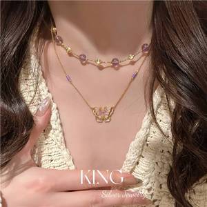 King Silver Jewelry Two Tone Amethyst Necklace <b>Bracelet</b> Set 925 Sterling Silver Plated Gold Women Fashion Gift - Product Image 2