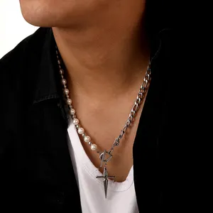 Collar de Hip Hop para hombre, joyería, cadena cubana de acero inoxidable, cadena de cuentas de perlas, collar con cierre OT con colgante de daga