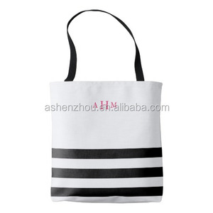 Sacs en toile de coton personnalisés, sac de plage promotionnel en coton, sac fourre-tout rayé noir et blanc pour femmes - Product Image 2