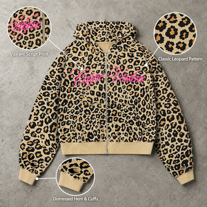 Men's Oversized Vintage Wash Distressed Zip Hoodies 100% Cotton Breathable High Quality Leopard Streetwear Sweatshirt Custom - Product Image 1