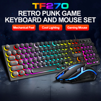 T-WOLF TF270 Paket Keyboard dan Mouse Gaming Berkabel dengan Tombol Bulat Punk 104 Tombol Keyboard LED Backlit dan Mouse 3D untuk Komputer