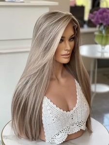 Parrucca Full Lace Senza Colla in <span class=keywords><strong>Capelli</strong></span> Umani Russi 100% Non Trattati, <span class=keywords><strong>Biondo</strong></span> <span class=keywords><strong>Cenere</strong></span> Ombré con Radici Marroni, Pre-Pizzicata, HD Lace, <span class=keywords><strong>Capelli</strong></span> Vergini Remy - Product Image 2
