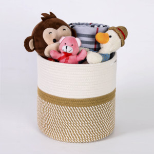 Cesta de Almacenamiento de Cuerda de Algodón Bicolor Crema y Mostaza, Organizador Tejido con Asas para Ropa y Juguetes - Product Image 2