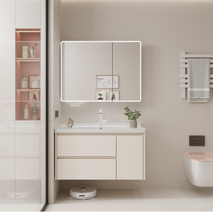 European Style Cream White <b>Floating</b> Vanity 2 <b>Drawers</b> 1 Door with Smart Defogger Mirror - Product Image 3