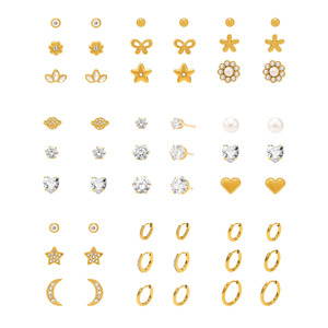 <span class=keywords><strong>Orecchini</strong></span> <span class=keywords><strong>a</strong></span> perno impilabili <span class=keywords><strong>a</strong></span> forma di fiore, fiocco, luna, stella e cuore in acciaio inossidabile placcato oro 18 carati con zirconi per donna e ragazza - Product Image 1