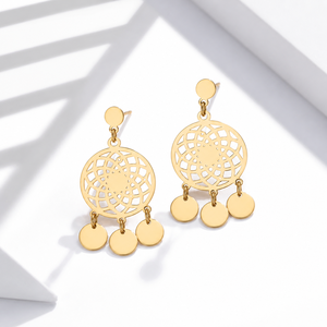 Pendientes de disco calados de acero inoxidable chapados en oro de 14K al vacío, con tres colgantes de 36 mm, joyería - Product Image 1