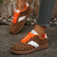 Baskets léopard pour femmes, chaussures de marche décontractées, baskets tendance pour femmes, chaussures plates à lacets orange, chaussures rétro streetwear