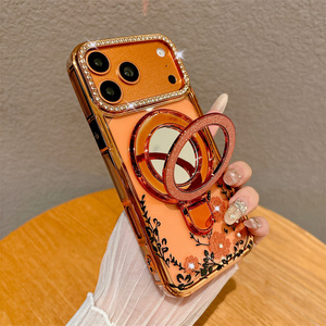 Funda para Teléfono Móvil con Soporte de Espejo de Diamantes Brillantes y Flores para iPhone 17 Air 16 15 14 Pro Max, Cubierta con Marco Electrochapado y Brillante - Product Image 4