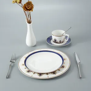 Luxe Royal Hotel Banket Bruiloft Blauw En Wit Decal Fijn Porselein Servies Servies Diner Set Bone China