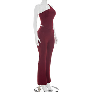 Viviblook Y26ST101 Women Summer Set Slash Collar Off Shoulder Top <b>Elastic</b> Waist High Waist Flared Pants Two Piece Set - Product Image 4