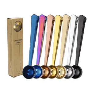 Sendok Ukur Kopi Baja Tahan Karat, Sendok Sup Emas Kopi Logam Kelas Makanan dengan Klip Segel dengan Kotak Hadiah - Product Image 1