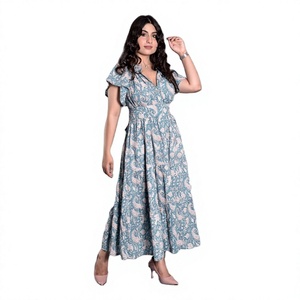 Robe indienne en coton faite à la main, mi-longue, respirante, à motif floral rayé, avec boutons, silhouette trapèze, col en V, pour les fêtes, naturelle - Product Image 1