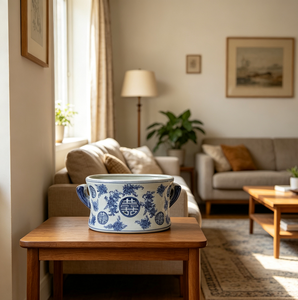 Vaso in ceramica blu e bianco con smalto craquelé fatto a mano, design tradizionale cinese Doppia <span class=keywords><strong>Felicità</strong></span>, con due manici, in porcellana. - Product Image 6