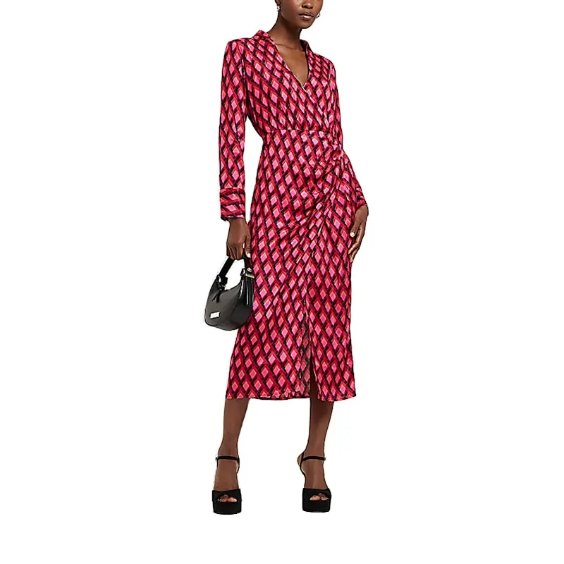 New Arrival V-Neckline Long Sleeves Plaid Print Casual Fashion Midi Dress