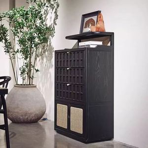 Solid Wood Sideboard Oak Rattan Woven <b>Storage</b> Cabinet Double Doors Nordic Style Entryway Furniture Small Apartment Home Use - Product Image 4