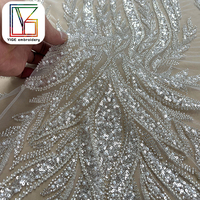 Perles de luxe faites à la main avec perles paillettes dentelle tissu africain blanc mariée perlée broderie dentelle tissu pour robe de mariée