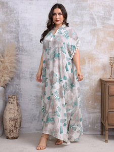 <span class=keywords><strong>Robe</strong></span> musulmane caftan grande taille <span class=keywords><strong>robe</strong></span> <span class=keywords><strong>femme</strong></span> verte à imprimé floral et pompon à manches courtes <span class=keywords><strong>robe</strong></span> maxi modeste <span class=keywords><strong>robe</strong></span> décontractée islamique - Product Image 5