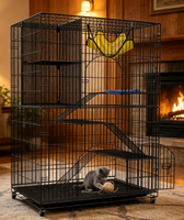Cage à chat en fil métallique noire assemblée avec rangement intégré, étagères multi-niveaux, lit de couchage doux, roulettes mobiles, durable pour l'intérieur/l'extérieur