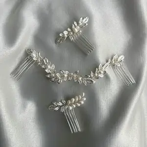 Copper Cast Silver Color Leaf Bridal Long Hair Comb Headbands Fresh Water Pearl Headpiece Set Women Wedding Accessories