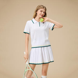 新作カスタムロゴ2025ポロカラーストライプスリブド半袖シャツ<span class=keywords><strong>2</strong></span>-1プリーツスカートセット通気性ゴルフテニスPadel Outfit - Product Image 4