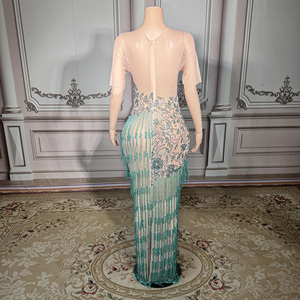 Abito da sera con orlo glitterato ZD con <span class=keywords><strong>maniche</strong></span> <span class=keywords><strong>lunghe</strong></span> trasparenti e nappe con strass scintillante abito da sera in vita naturale per Club Gala - Product Image 5