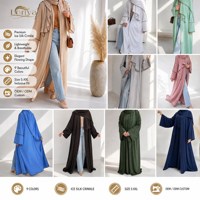 Abaya légère et respirante à effet froissé, ouverte sur le devant avec bordure passepoilée pour femmes musulmanes, grande taille, robe de prière hijab, vente en gros