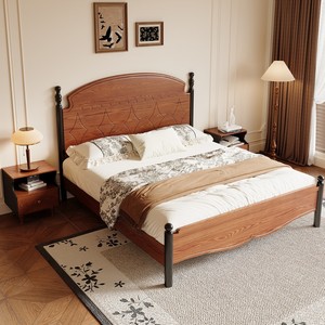 เตียงไม้แอชสไตล์วินเทจฝรั่งเศส ขนาด 1.5 ม. 1.8 ม. เตียงแพลตฟอร์มแกะสลักด้วยมือ เตียงคู่สำหรับห้องนอนใหญ่ งานแต่งงาน - Product Image 1