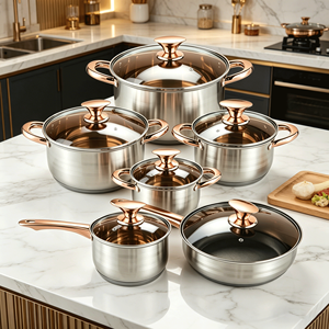 Set di <span class=keywords><strong>Pentole</strong></span> FLEY in Acciaio Inox 12 Pezzi, Manici Placcati Oro, Fondo a 5 Strati, Coperchi in Vetro, Pentola per Zuppa, Pentolino per Latte, Padella, Utensili da Cucina - Product Image 1