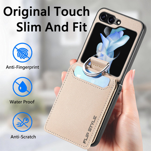 Leather Card Pocket Finger Ring Kickstand Phone Case Shockproof Protective Cover for Samsung Z Flip6 Z Flip7 Z Flip8