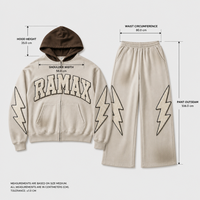 Ensemble de survêtement en molleton épais RAMAX avec broderie Lightning, capuche contrastante beige et marron, coupe oversize, vente en gros, usine OEM