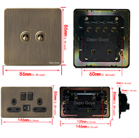 Prise murale britannique et interrupteurs muraux rétro, 4 modules, 2 voies, IP20, panneau en acier inoxydable, norme britannique