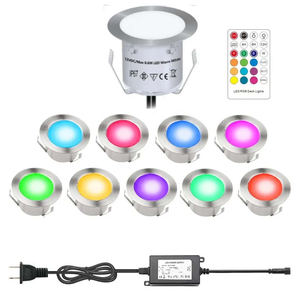 RGBW Recessed LED Deck Light Kit 12V Low Voltage Safe Bright In Ground Outdoor Landscape Step LED Lighting Waterproof