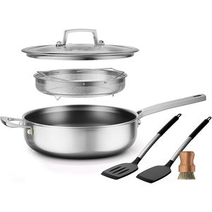 Sartén y Cacerola Profunda de Acero Inoxidable Triple con Revestimiento Antiadherente de Titanio de Lujo, con Tapa de Vidrio para Cocina de Inducción - Product Image 1