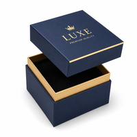 Boîte cadeau pour bijoux bleu marine avec logo personnalisé, boîte rigide en papier pour bague avec insert en velours et estampage à chaud doré