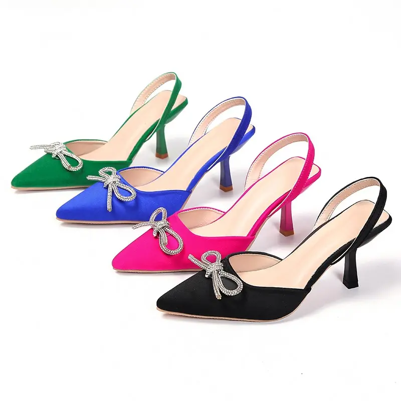 Women Candy Color Pumps Sandals Ladies Thin High Heels Sexy Plus Size Rhinestone Bowknot Stiletto Mules Summer Sandals Shoes