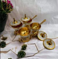 Ensemble de chariot de luxe en laiton plaqué or avec 4 bols et cuillères, distributeur de condiments personnalisé fait main, cadeau promotionnel du Nouvel An chinois