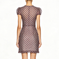 Robe mini transparente à carreaux pour femme, manches bouffantes, col en V, buste froncé, ajustée, moulante, pour soirée, personnalisable OEM ODM, vente en gros