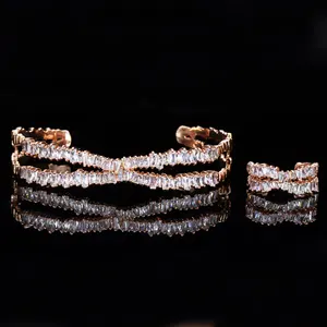 Elegant Rose Gold Plated Cubic Zircon Stone X Shaped Cuff Bangle <strong>and</strong> Ring Fashion <strong>Jewellery</strong> Set for Women Party Wear Accessories - Product Image 1