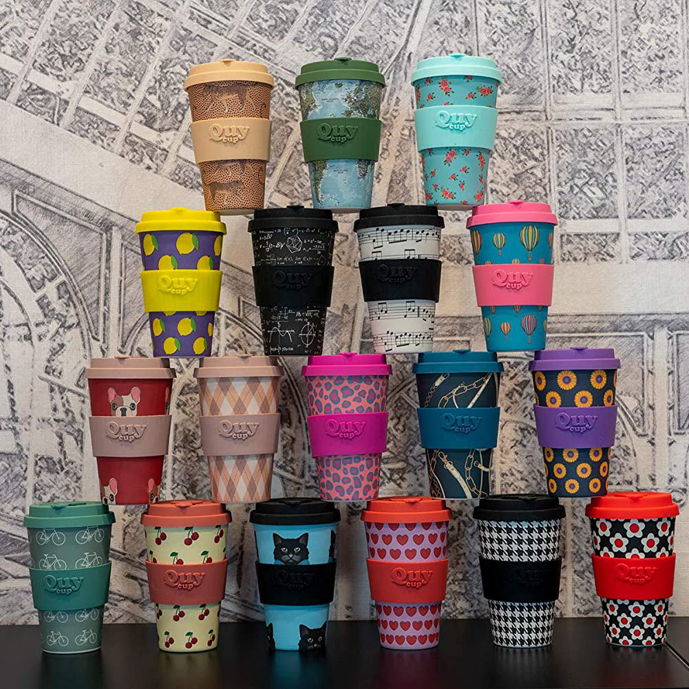 可生物降解促销天然竹纤维马克杯不倒翁旅行杯环保咖啡杯,带硅胶盖