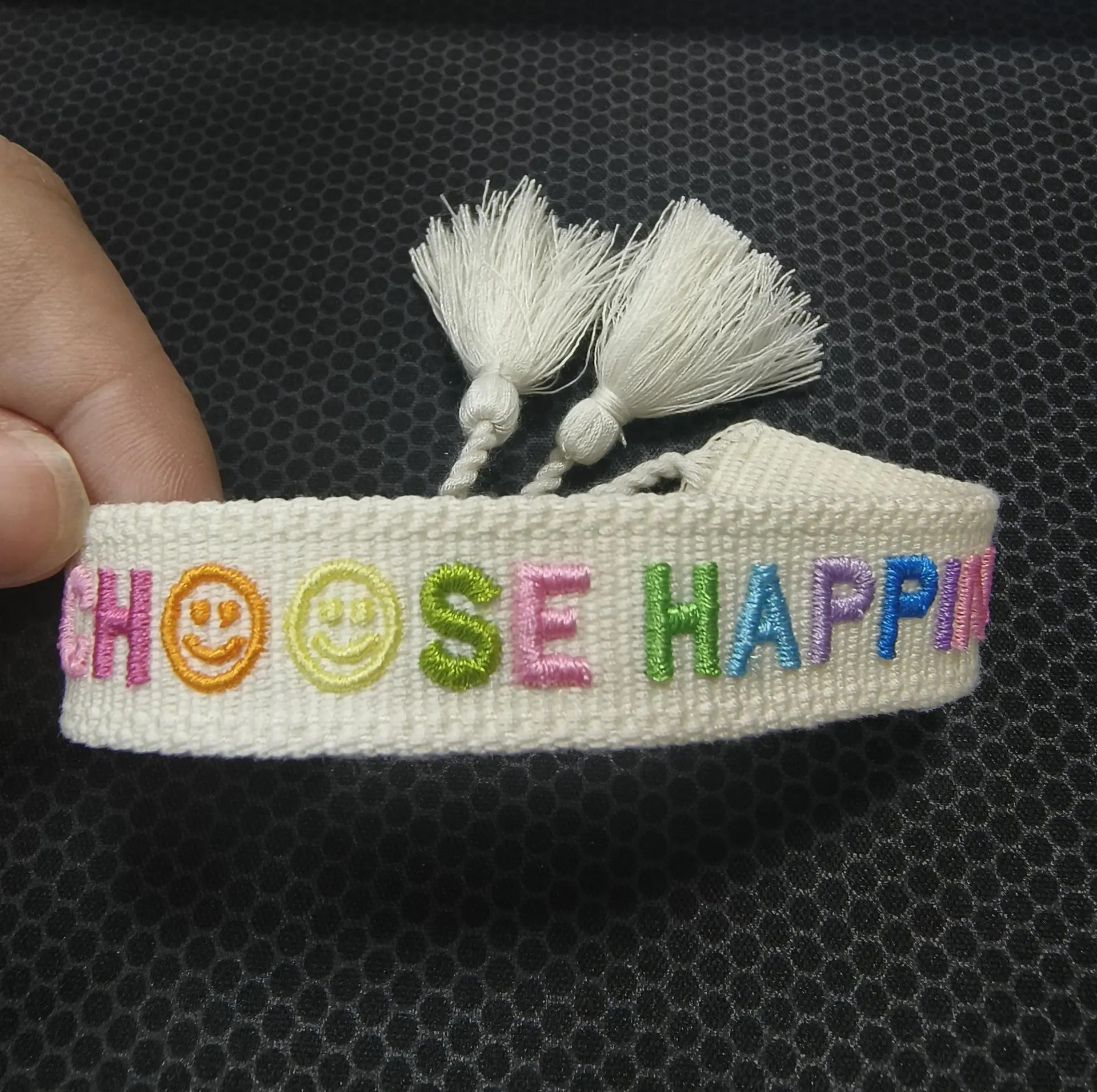 LOW MOQ Custom-Made 3D Full Embroidery Text Adjustable Woven Webbing Bracelet With Tassels